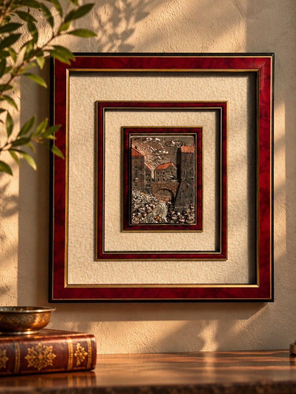 Vintage Italian Creazioni R&B 3D Metal Relief Wall Art – Framed Village Scene